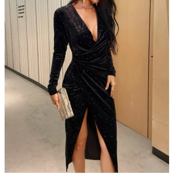 Luxe party wedding formal evening wrap glitter velvet dress - Picture 2 of 5